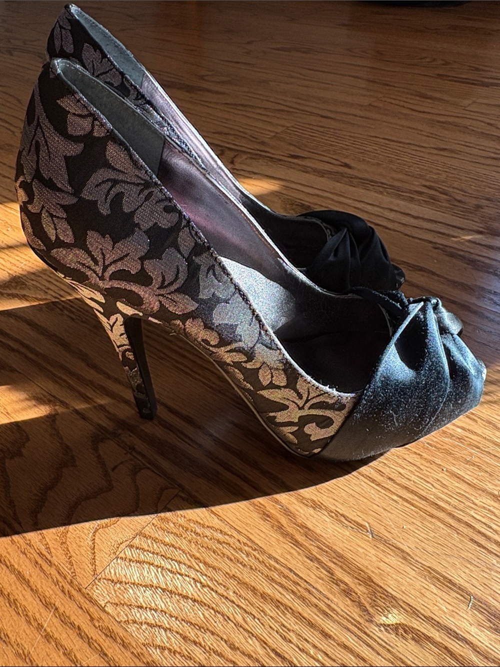 Black and Grey Floral Satin Peep-Toe High Heels